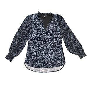 White House Black Market Blue Signature Leopard Blouse Smocked Cuffs Size L